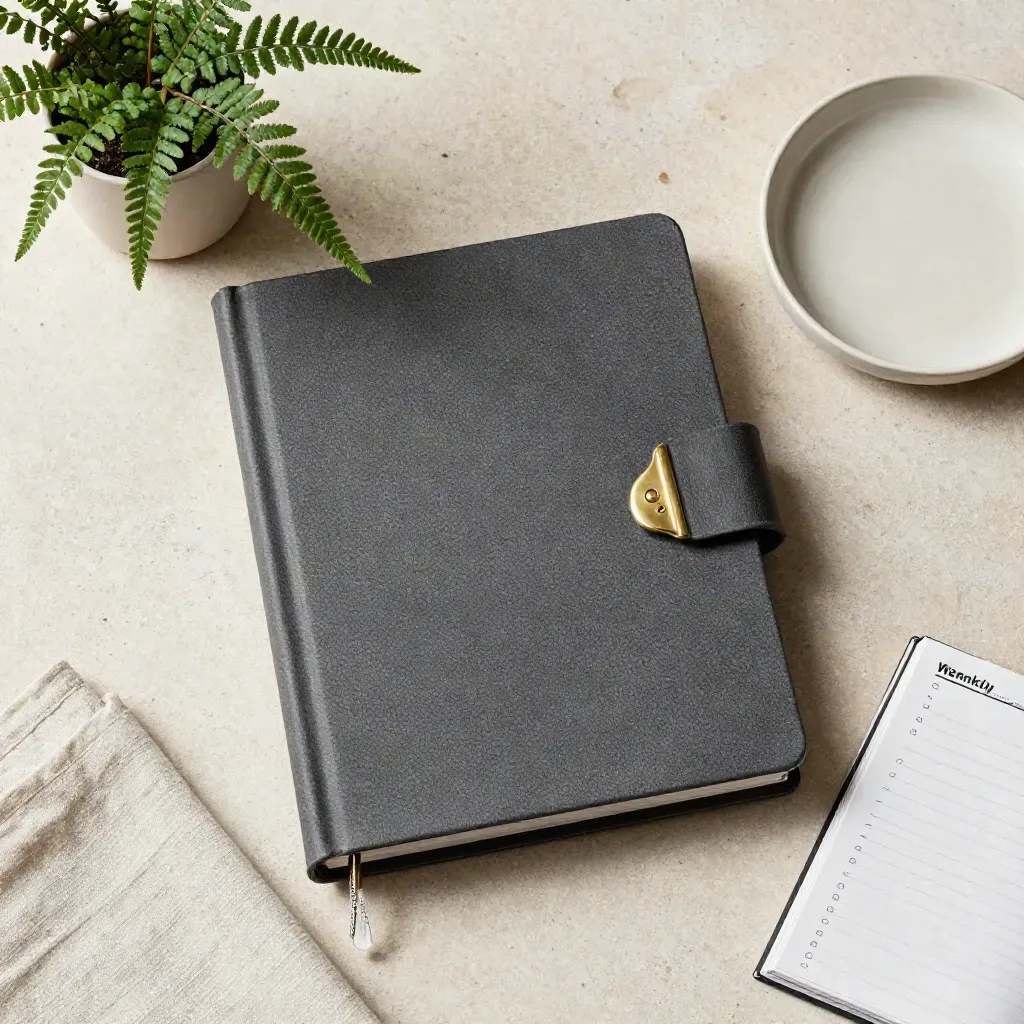 Overhead flatlay of a charcoal budget binder, fern, and ceramic dish on pale stone.