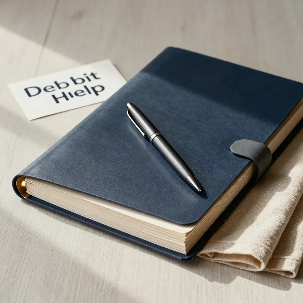 Debt-help folder with pen and linen on pale wood in soft side light