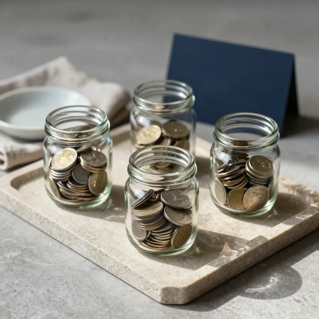 Three savings jars with coins on a stone tray beside a ceramic dish and folded linen cloth.