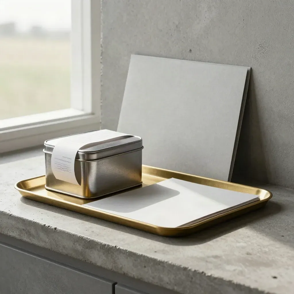 Cash tin, receipt bands, stapled folder and brass tray on a concrete workbench.