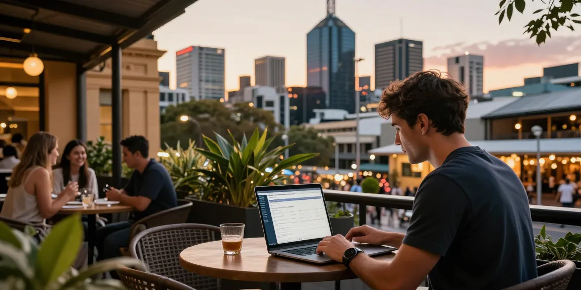airbnb management melbourne - property owner reviewing listings at a café terrace with Melbourne skyline.