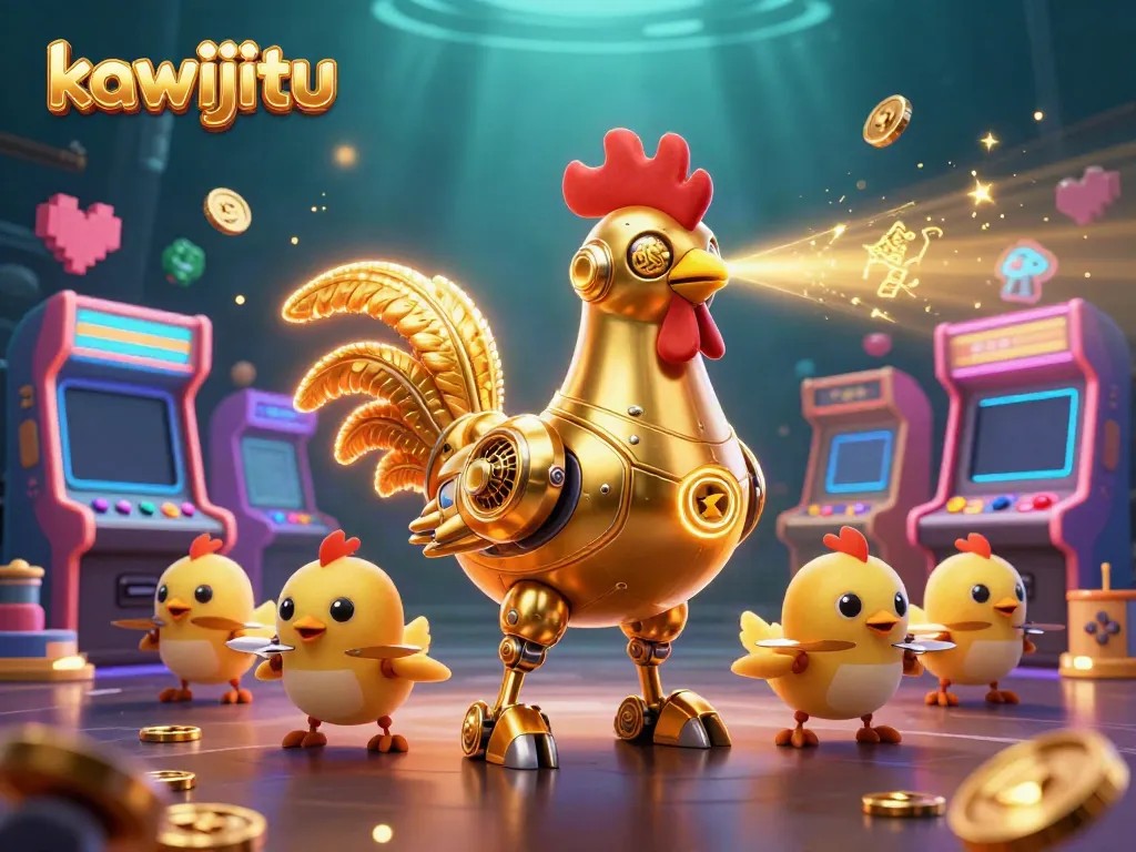 Kawijitu showcases a dynamic scene with a golden rooster robot and baby chick drones in an exciting casino-themed environment.
