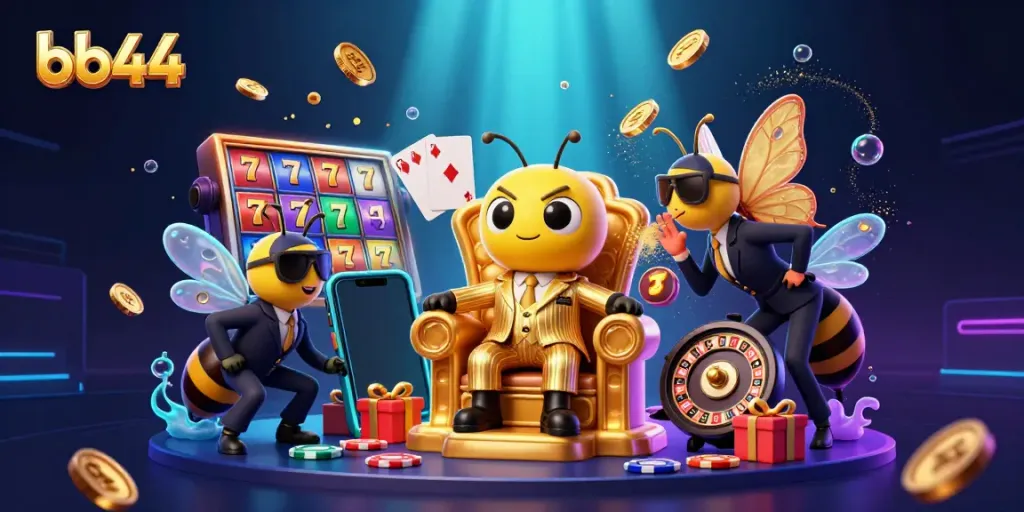 Join the excitement at bb44 with a cartoon mob boss and game elements in a vibrant casino scene.