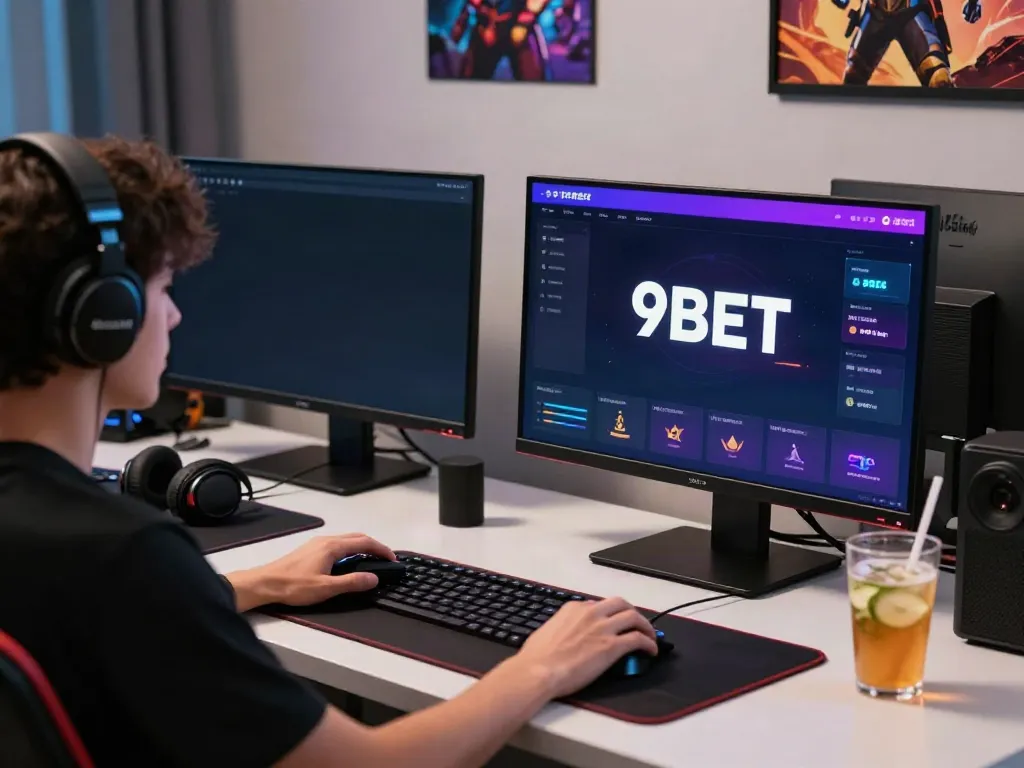 Person engaged in đăng nhập 9bet on a laptop in a modern gaming setup.