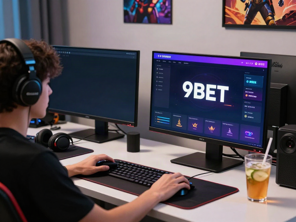 Person engaged in đăng nhập 9bet on a laptop in a modern gaming setup.