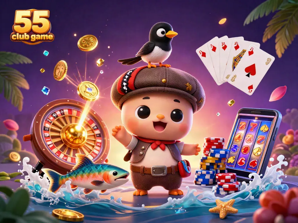 Experience the thrill of the 55 club game with cute characters, spinning reels, and vibrant casino elements.