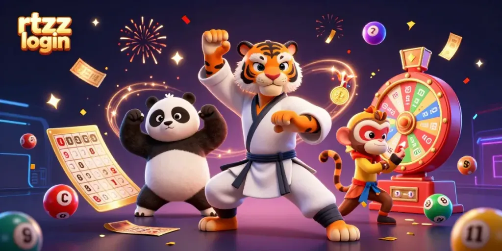 Experience the thrill of rtzz login with a 3D illustration of a kung fu tiger and panda, enhanced by colorful lottery elements.