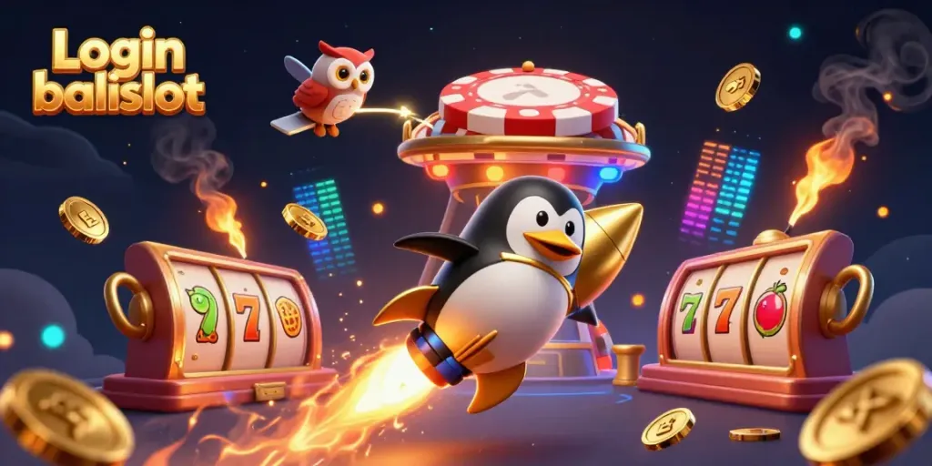Spin to win with Login balislot at the vibrant casino space illustration featuring a golden penguin and poker chip station.