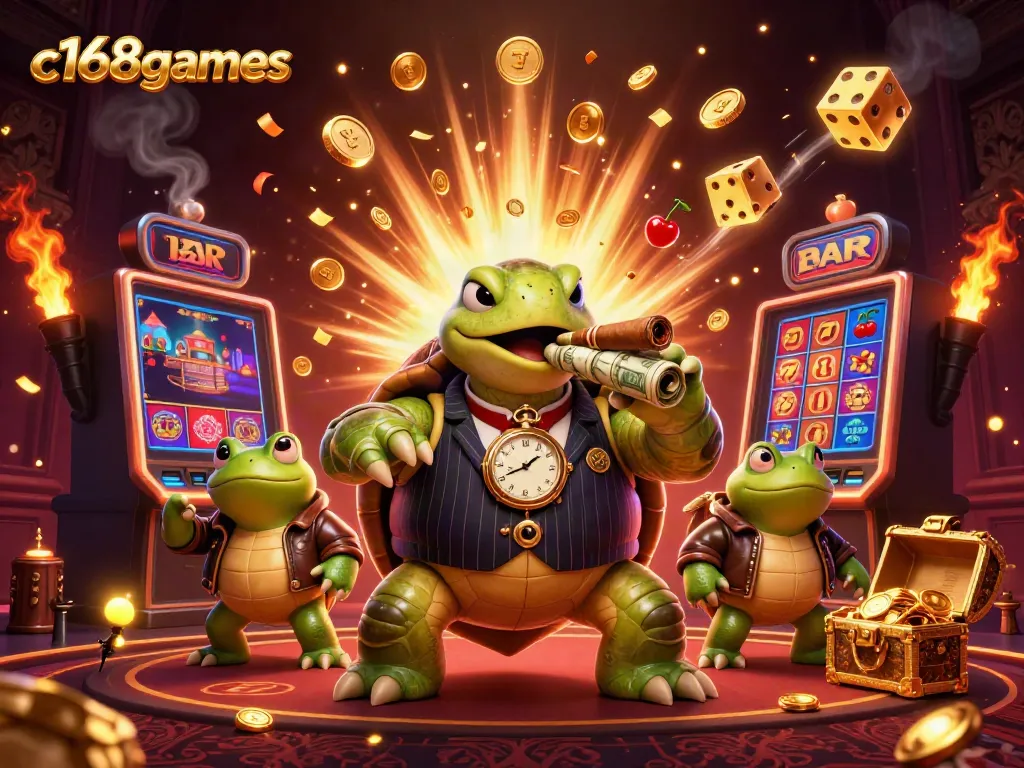 Experience the excitement of c168games with a vibrant 3D illustration featuring a turtle mobster and casino elements.
