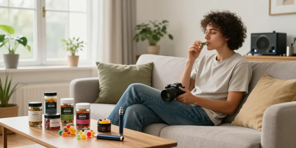 Enjoying premium cannabis products in a modern urban apartment with natural lighting.