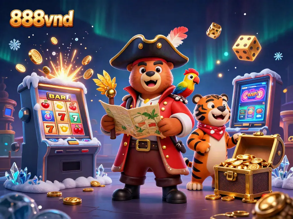 Experience thrilling gaming action with 888vnd's vibrant casino adventure scene featuring a pirate captain bear.