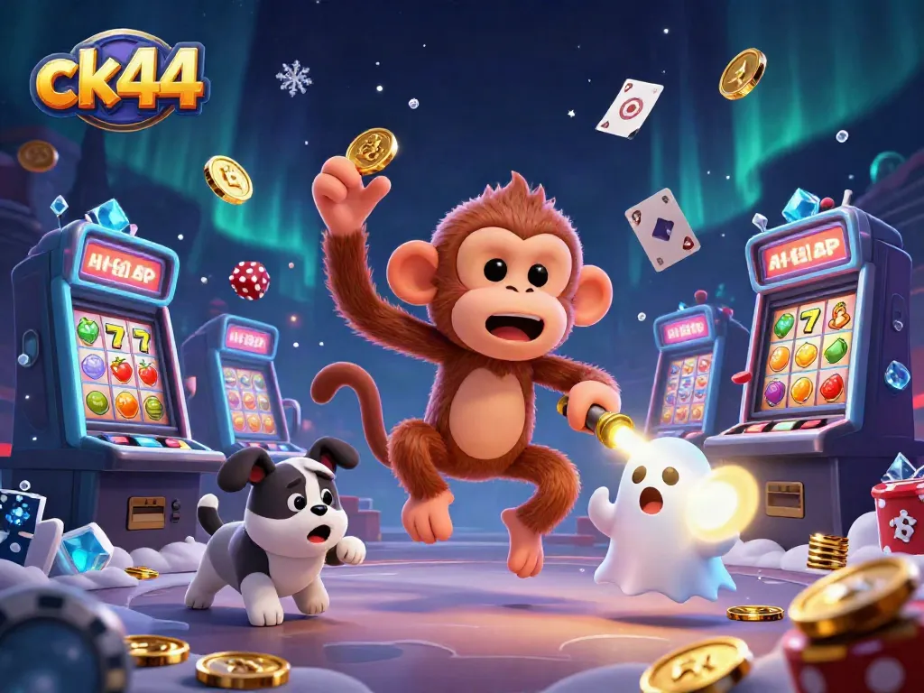 Engage in exciting gaming with ck44, featuring a playful poltergeist monkey and ghost-hunter puppy amid vibrant casino scenes.