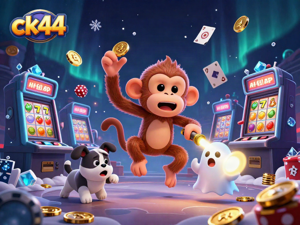 Engage in exciting gaming with ck44, featuring a playful poltergeist monkey and ghost-hunter puppy amid vibrant casino scenes.