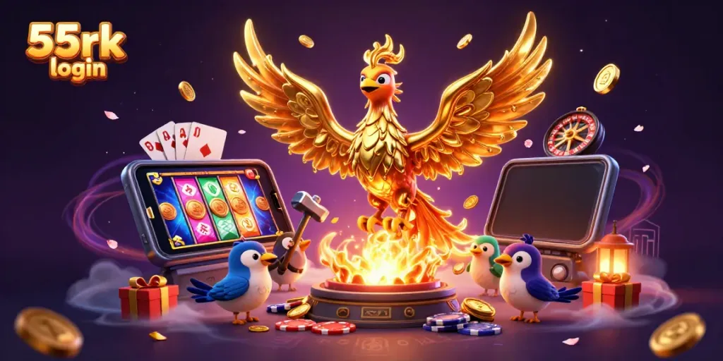 Experience the thrill of 55rk login with a phoenix of gold surrounded by vibrant gaming elements.