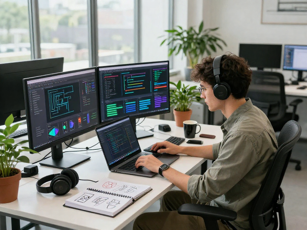 Engaging tech workspace with a developer coding AI algorithms, showcasing juicy ai innovations.
