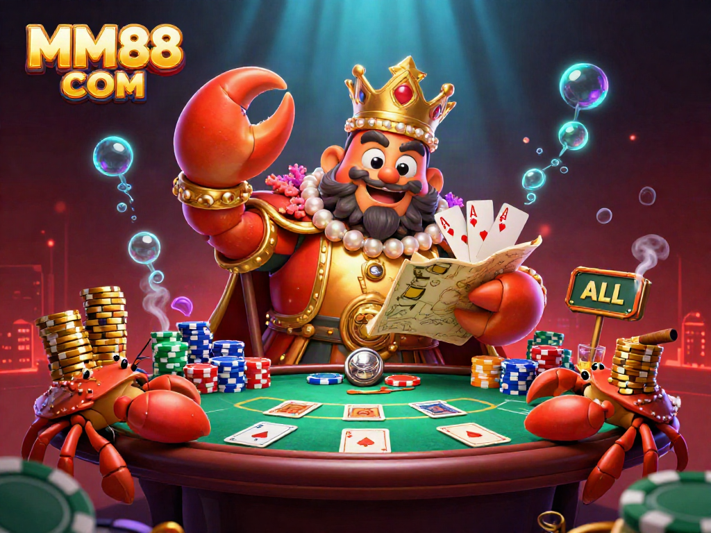 Engage with thrilling poker action at MM88 COM, featuring a golden crab emperor and vibrant game elements.