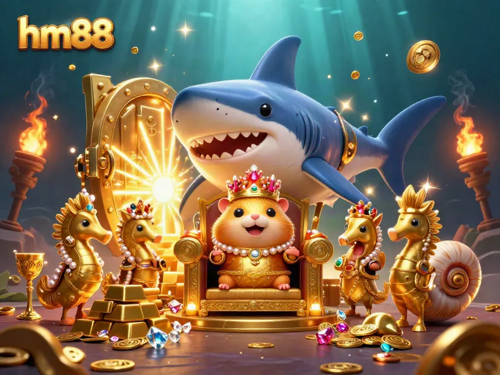 Engage with exciting games at hm88, featuring a golden hamster king with royal guards and treasures surrounding him.