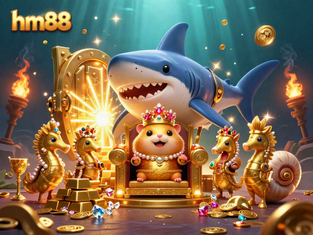 Engage with exciting games at hm88, featuring a golden hamster king with royal guards and treasures surrounding him.