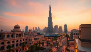 Experience travel to Dubai with a stunning view of the Burj Khalifa at dusk, showcasing the city's vibrant skyline.