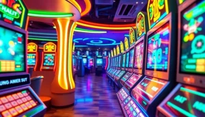 Experience thrilling New Technology with an advanced slot machine in a futuristic casino setting.