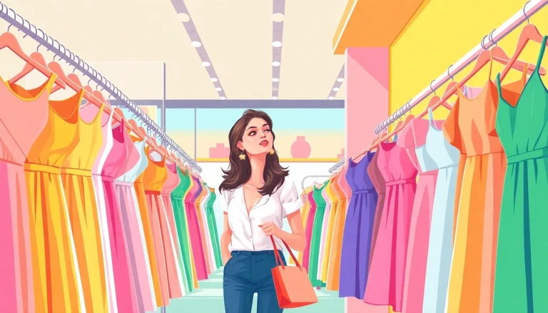 Browse the latest styles in Women Fashion at a vibrant boutique showcasing colorful dresses.