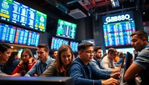 Dynamic scene showcasing enthusiastic bettors engaging with Nhà Cái FB88 betting screens.