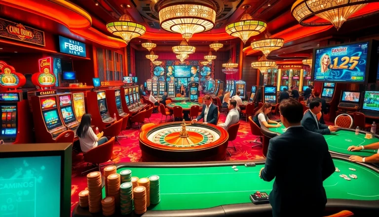 Nạp Tiền FB88 as players engage in thrilling casino games, featuring roulette tables and slot machines.