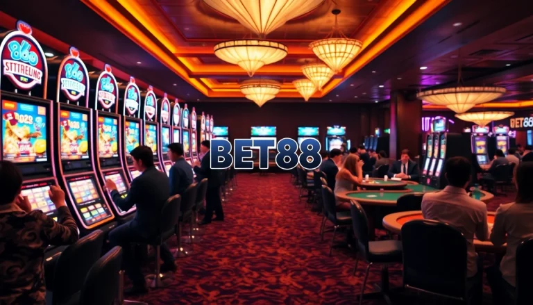 Engage with the vibrant excitement of BET88 as players enjoy thrilling slot machines in a luxurious casino atmosphere.