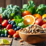 Discover nutritious options with this colorful display of Healthy Food, featuring fresh fruits and leafy greens.