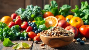 Discover nutritious options with this colorful display of Healthy Food, featuring fresh fruits and leafy greens.
