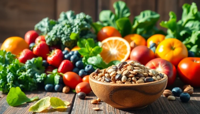 Discover nutritious options with this colorful display of Healthy Food, featuring fresh fruits and leafy greens.