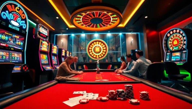 A lively casino scene showcasing players at a poker table with Nhà Cái FB88 branding, capturing the thrill of betting and gaming action.