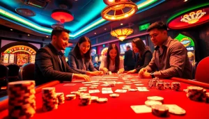 Players enjoying poker at nhà cái 69VN, showcasing an exciting casino ambiance filled with rich colors and lively interactions.