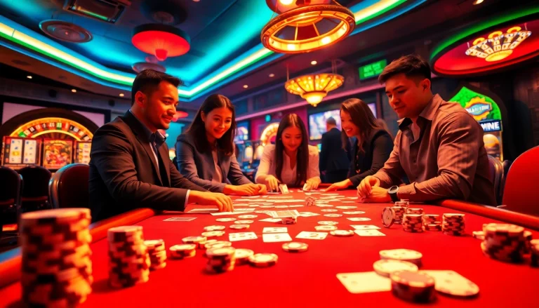 Players enjoying poker at nhà cái 69VN, showcasing an exciting casino ambiance filled with rich colors and lively interactions.