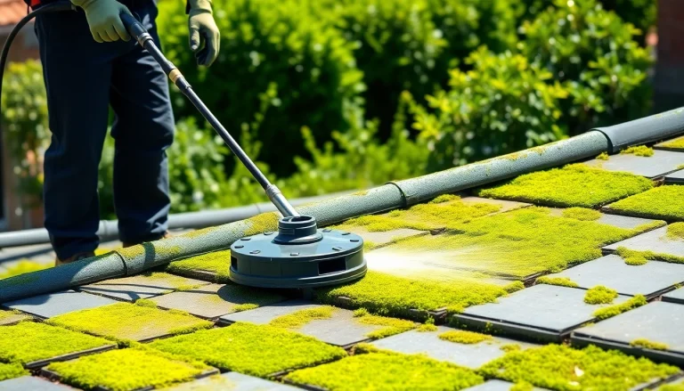 A technician performs moss removal from a roof, showcasing professional cleaning techniques.