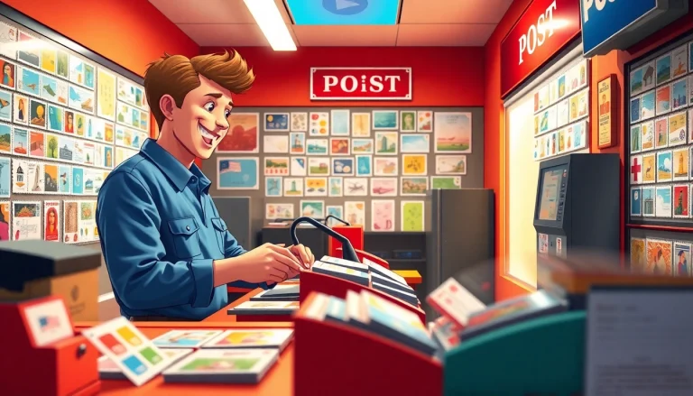 Selecting cheap stamps from a vibrant post office display conveying joy.