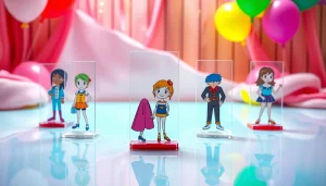 Marvel at stunning acrylic standees displaying vibrant character designs in a playful setting.