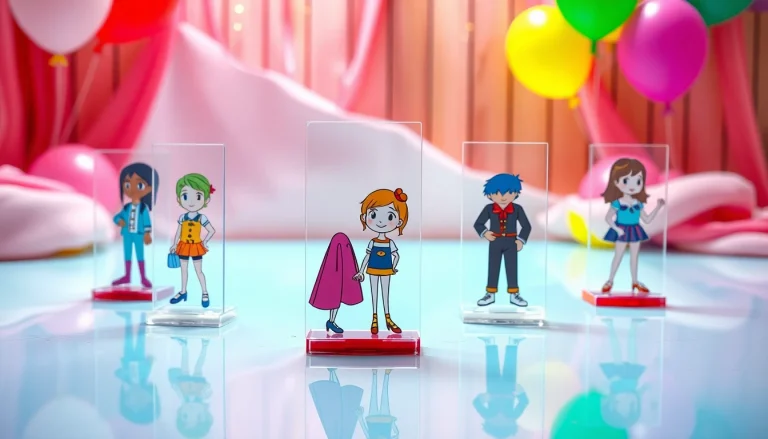 Marvel at stunning acrylic standees displaying vibrant character designs in a playful setting.