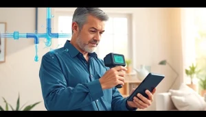 Leak Detection Specialist demonstrating advanced technology to locate leaks in a residential setting.