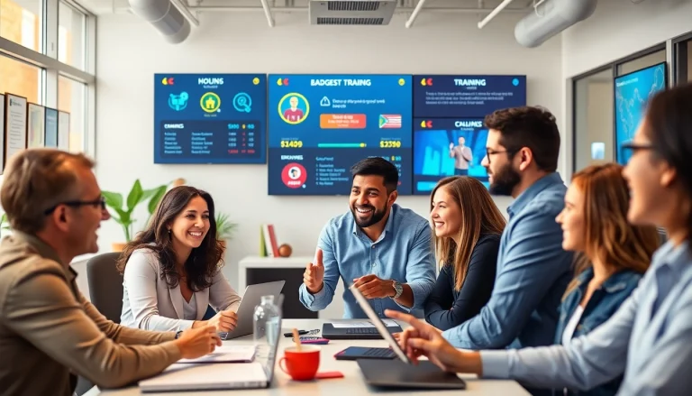 Employees engaging in business gamification training with leaderboards and rewards.