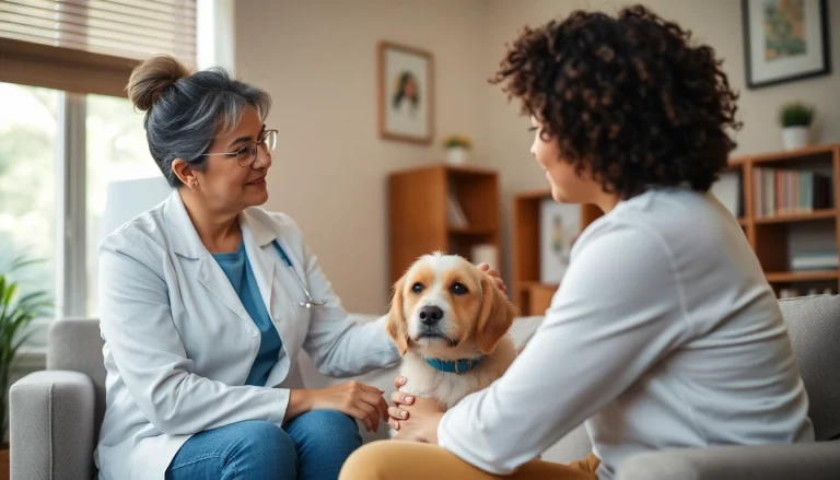 Anxiety treatment Sydney: A compassionate psychologist guiding a session with a therapy dog in a cozy setting.
