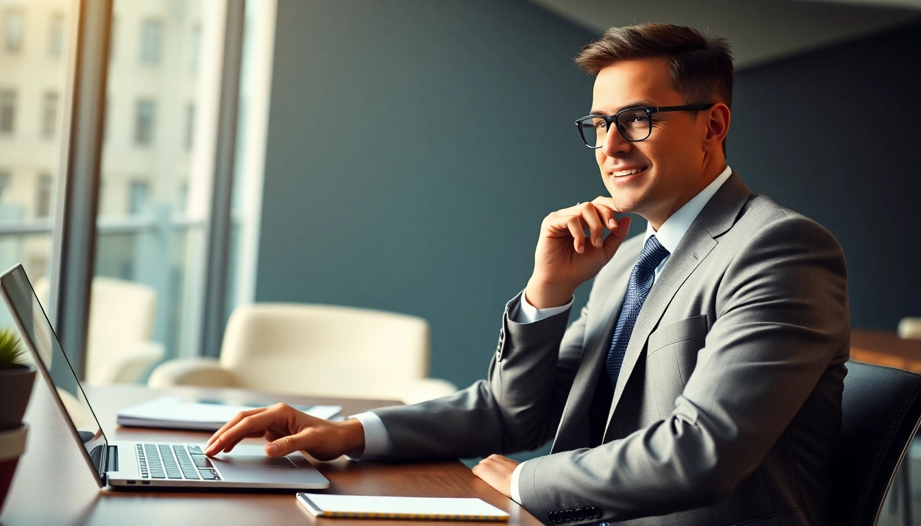 A dynamic business professional confidently conducting a video call in a modern office, showcasing professionalism.