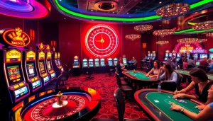 Casino atmosphere showcasing KJC AC 2 gaming excitement with roulette, poker tables, and vibrant slot machines.