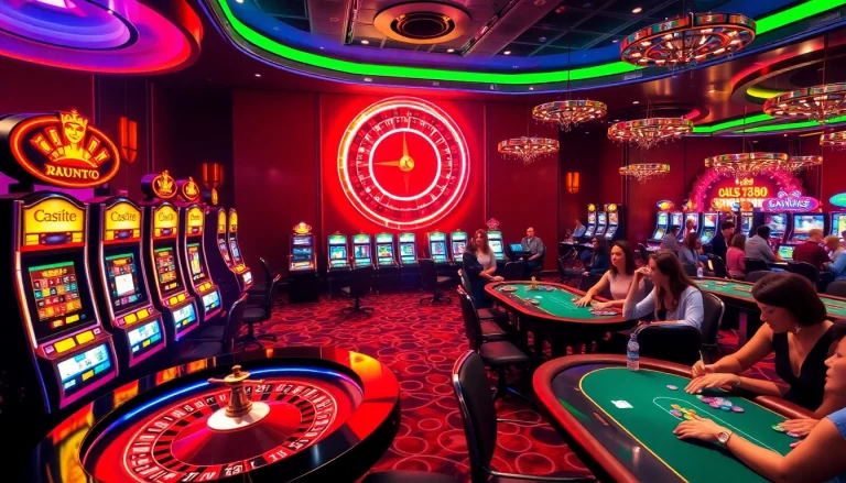 Casino atmosphere showcasing KJC AC 2 gaming excitement with roulette, poker tables, and vibrant slot machines.