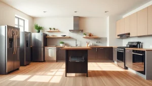 Showcase бяла техника appliances in a modern kitchen setting, highlighting dishwashers and fridges in use.