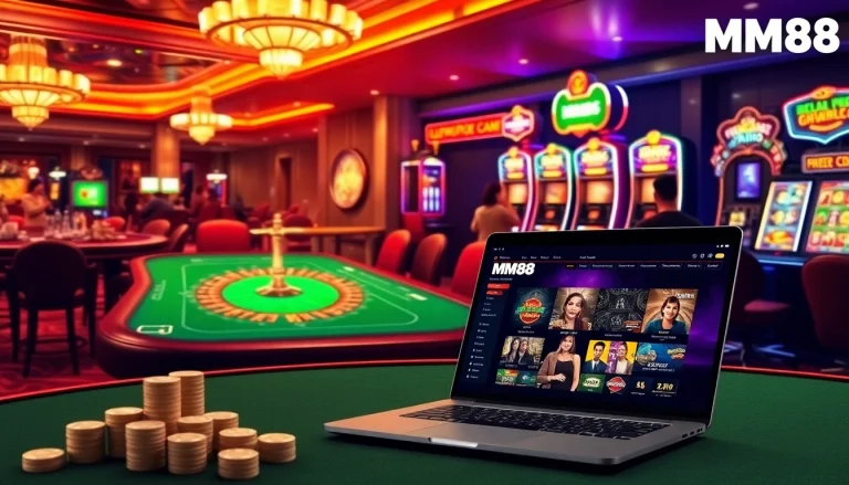 Exciting gaming action at MM88 casino with vibrant poker, slots, and roulette.