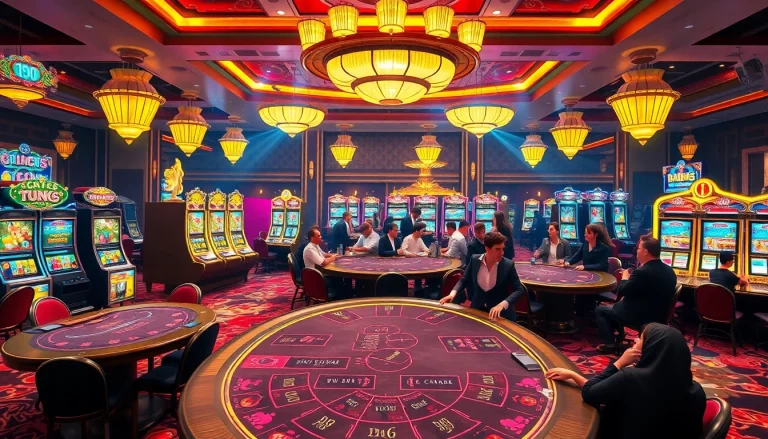 Experience the excitement of game uu88 at a vibrant casino with thrilling poker games and colorful slot machines.