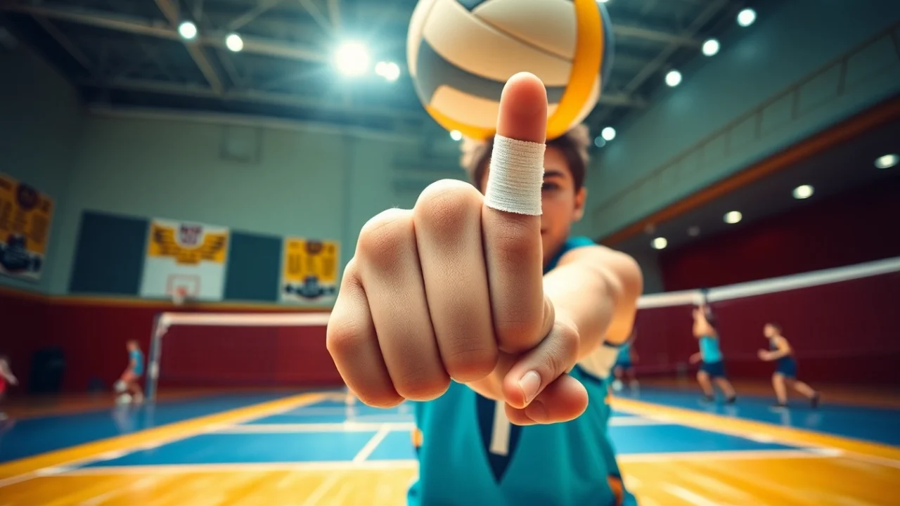 Volleyball thumb taping technique demonstrated by an athlete during an intense game.