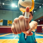 Volleyball thumb taping technique demonstrated by an athlete during an intense game.