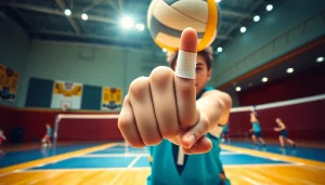 Volleyball thumb taping technique demonstrated by an athlete during an intense game.